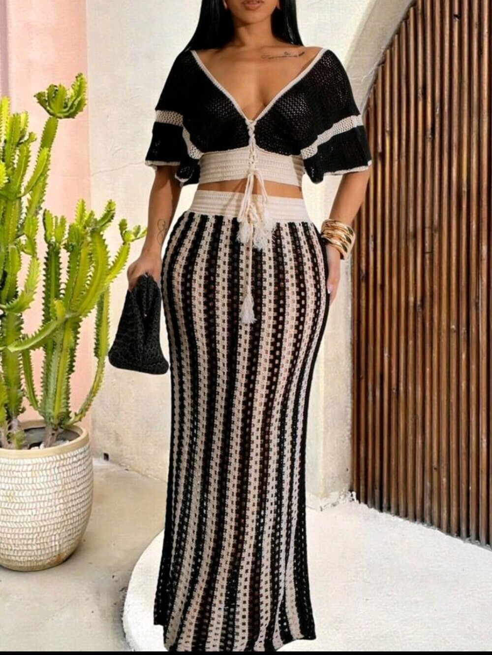 Black & Cream Crochet Maxi Skirt SET  - Women's Beach-Ready Style
